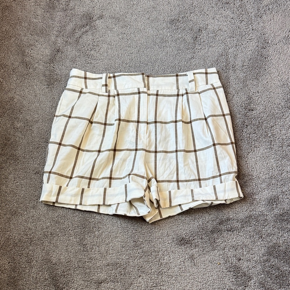 Worthington Off White Brown Windowpane Plaid Cuffed Dress Shorts SIZE 12